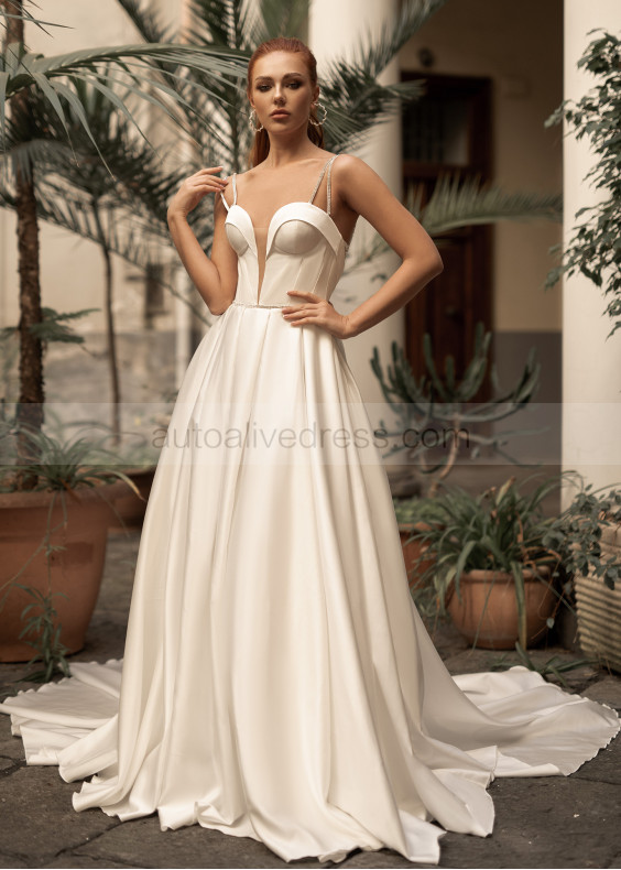 Modern Ivory Satin Beaded Straps Wedding Dress With Buttons